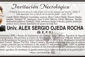Invitación Necrológica: Univ. ALEX SERGIO OJEDA ROCHA (Q. E. P. D.)