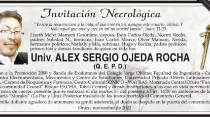 Invitación Necrológica: Univ. ALEX SERGIO OJEDA ROCHA (Q. E. P. D.)