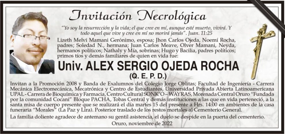 Invitación Necrológica: Univ. ALEX SERGIO OJEDA ROCHA (Q. E. P. D.)