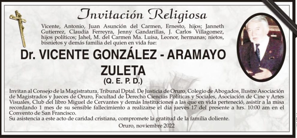 Invitación Religiosa: Dr. Vicente González - Aramayo Zuleta