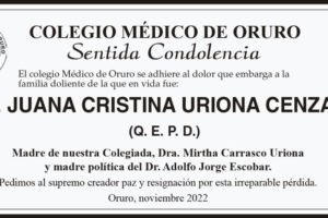 Juana Cristina Uriona Cenzano, obituario del Colegio Médico de Oruro