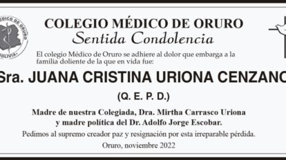 Juana Cristina Uriona Cenzano, obituario del Colegio Médico de Oruro