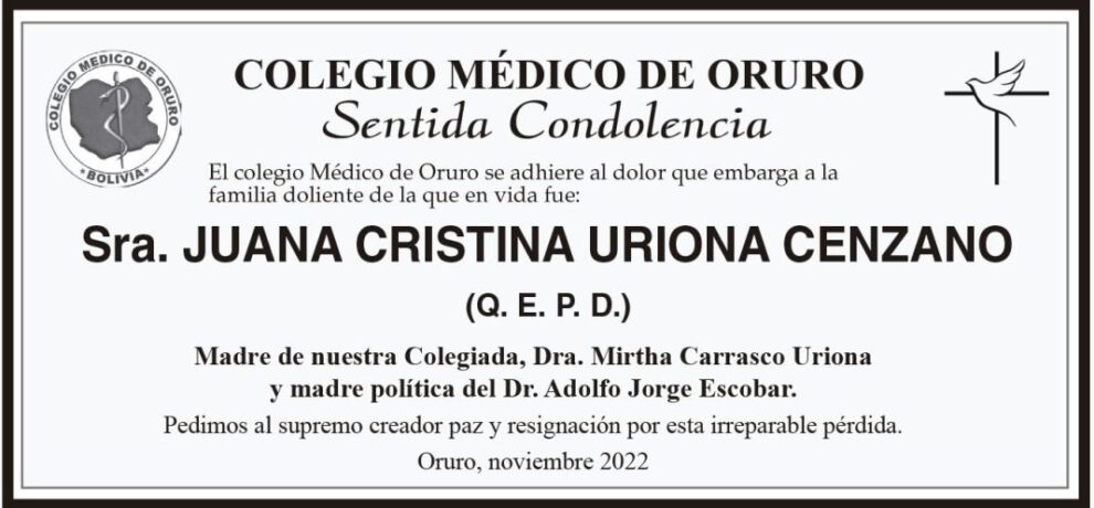 Juana Cristina Uriona Cenzano, obituario del Colegio Médico de Oruro