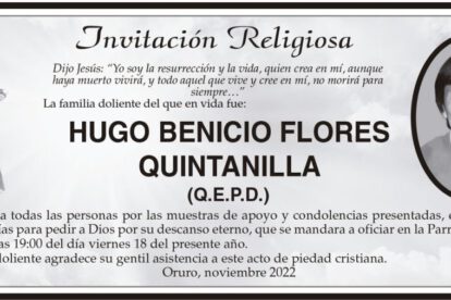 Invitación Religiosa: Hugo Benicio Flores Quintanilla