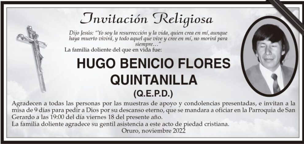 Invitación Religiosa: Hugo Benicio Flores Quintanilla