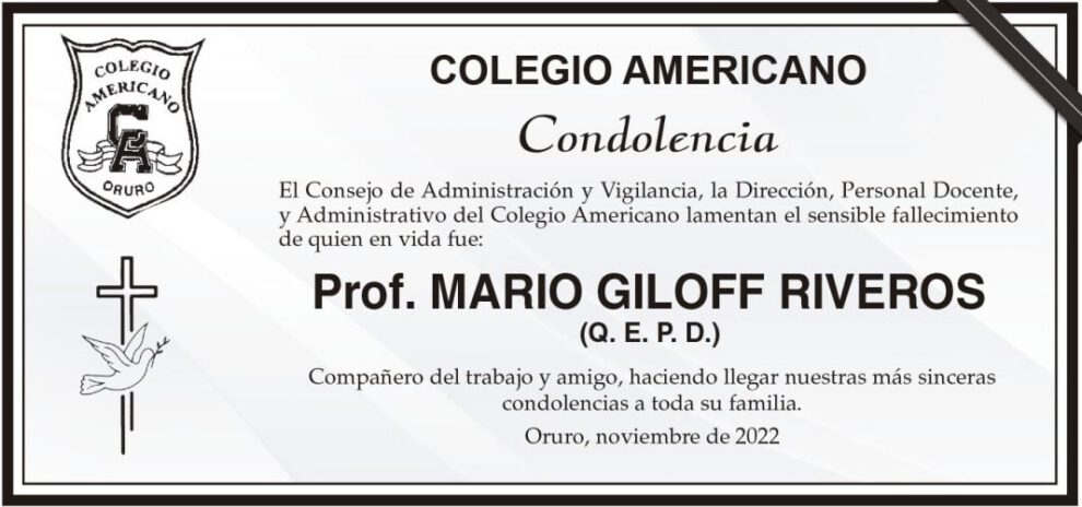 Condolencia por el fallecimiento del Prof. Mario Giloff Riveros