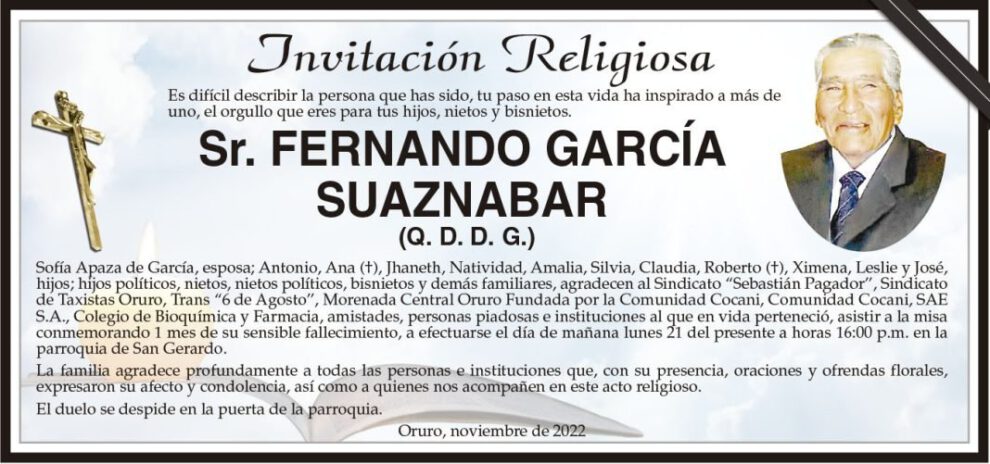 Invitación Religiosa para Fernando García Suaznabar