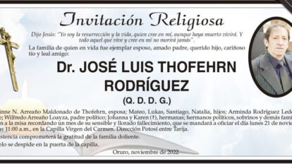 Invitación Religiosa para Dr. José Luis Thofehrn Rodríguez