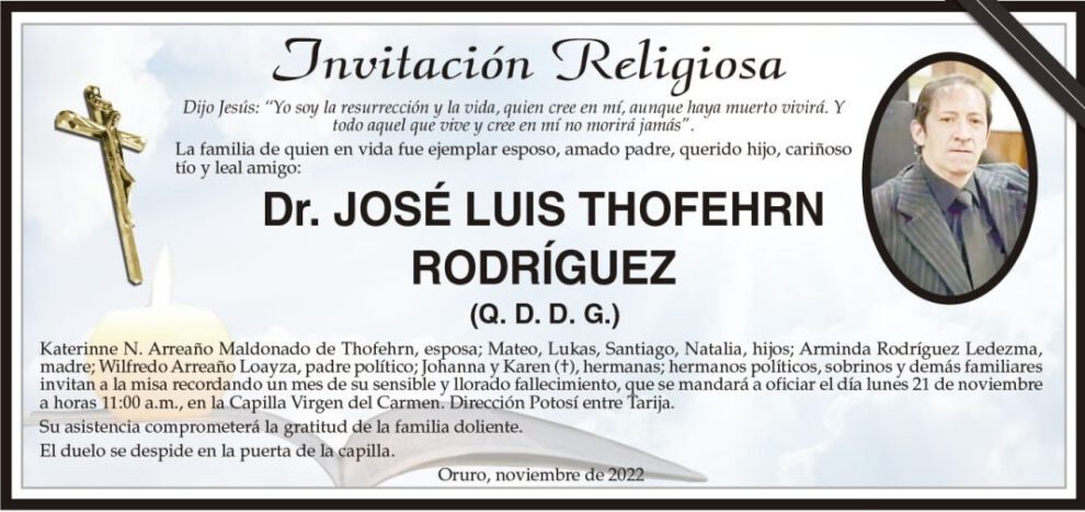 Invitación Religiosa para Dr. José Luis Thofehrn Rodríguez