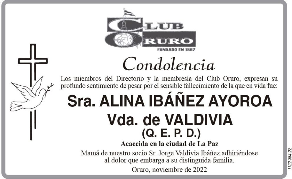 Condolencia por el fallecimiento de Alina Ibáñez Ayoroa