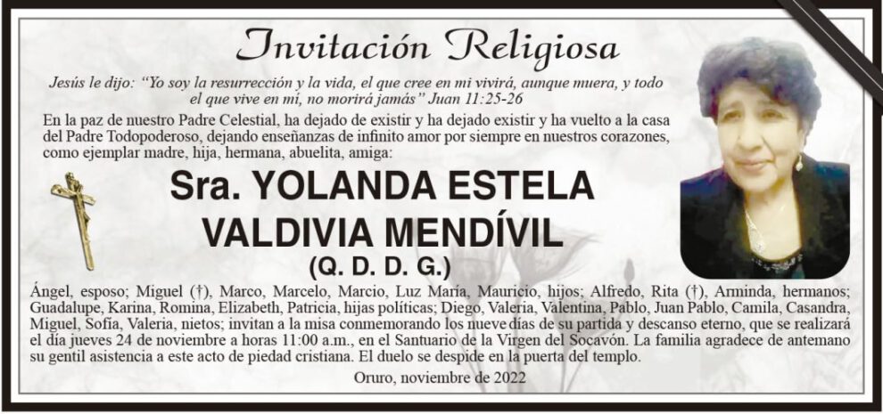 Obituario de Yolanda Estela Valdivia Mendívil