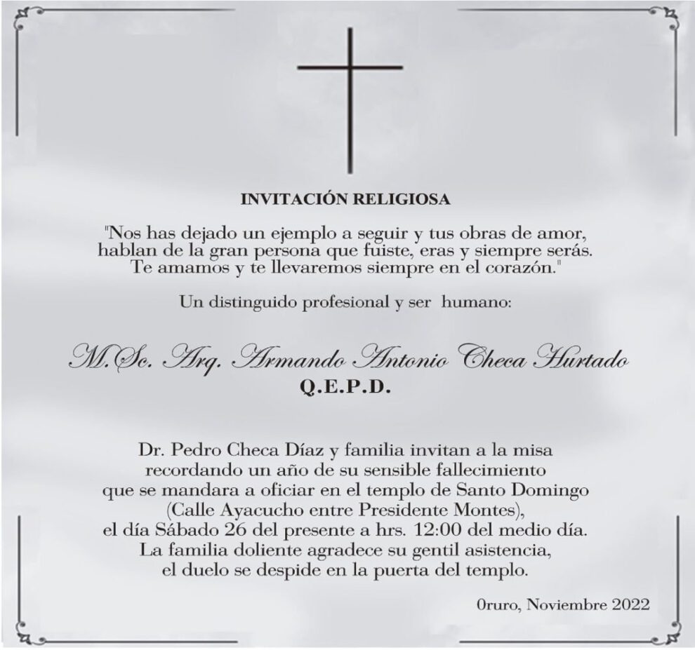 Invitación Religiosa: Armando Antonio Checa Hurtado