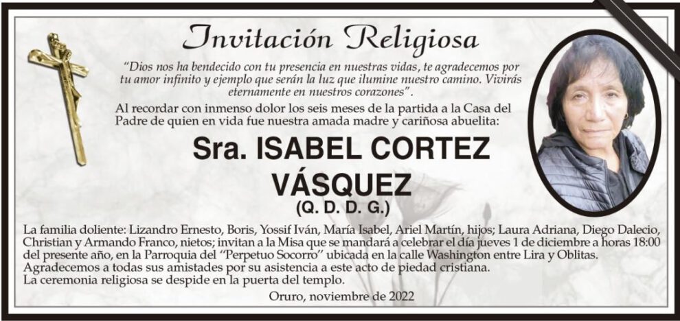 Invitación Religiosa en memoria de Isabel Cortez Vásquez