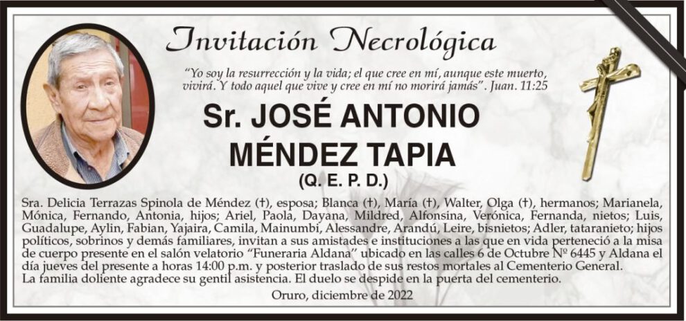 Invitación Necrológica: José Antonio Méndez Tapia