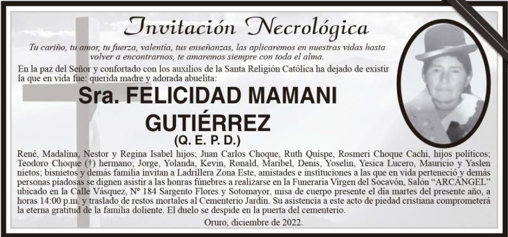 Invitación Necrológica: Felicidad Mamani Gutiérrez
