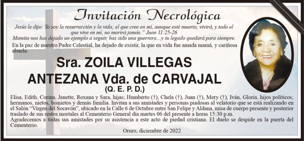 Necrológica Sra. Zoila Villegas Antezana