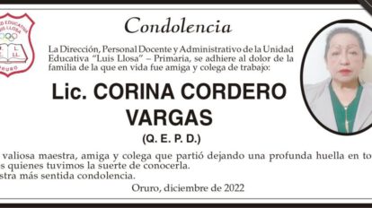 Condolencia por la Lic. Corina Cordero Vargas