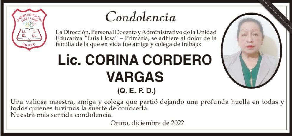 Condolencia por la Lic. Corina Cordero Vargas
