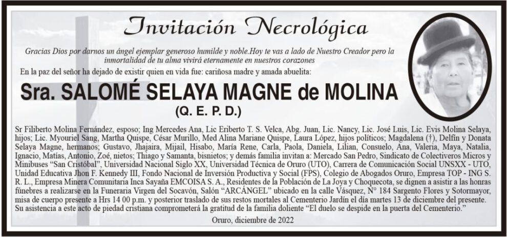 Invitación Necrológica de Salomé Selaya Magne