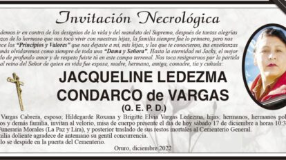Invitación Necrológica de Jacqueline Ledezma Condarco
