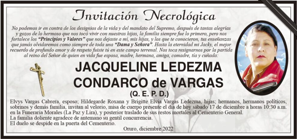 Invitación Necrológica de Jacqueline Ledezma Condarco