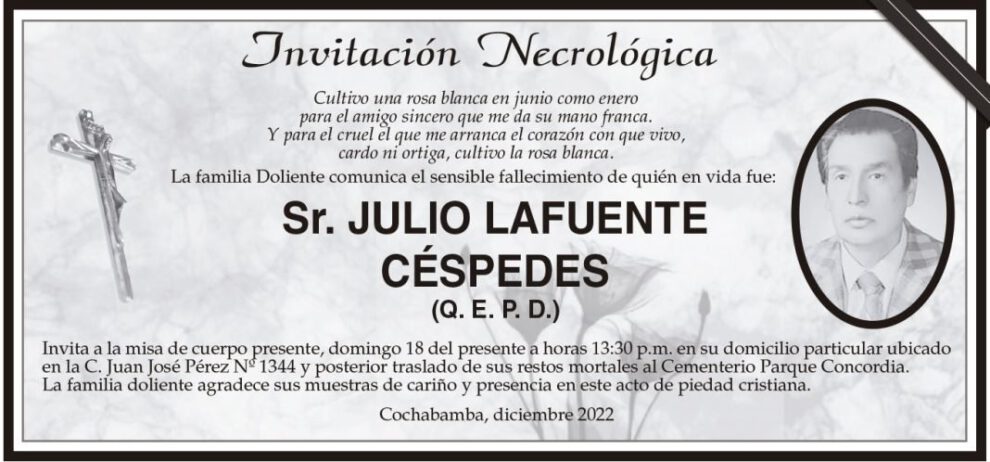 Invitación Necrológica: Sr. Julio Lafuente Céspedes (Q. E. P. D.)
