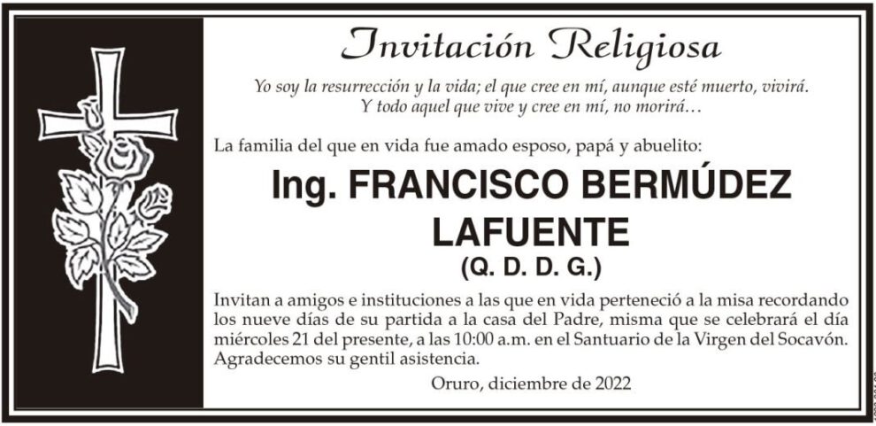 Ing. Francisco Bermúdez Lafuente invitación religiosa