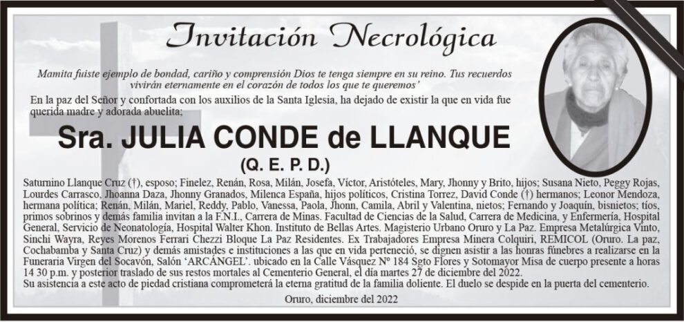 Invitación Necrológica de Julia Conde de Llanque