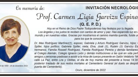 Invitación Necrológica: Prof. Carmen Ligia Garvizu Espinoza
