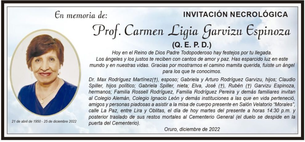 Invitación Necrológica: Prof. Carmen Ligia Garvizu Espinoza