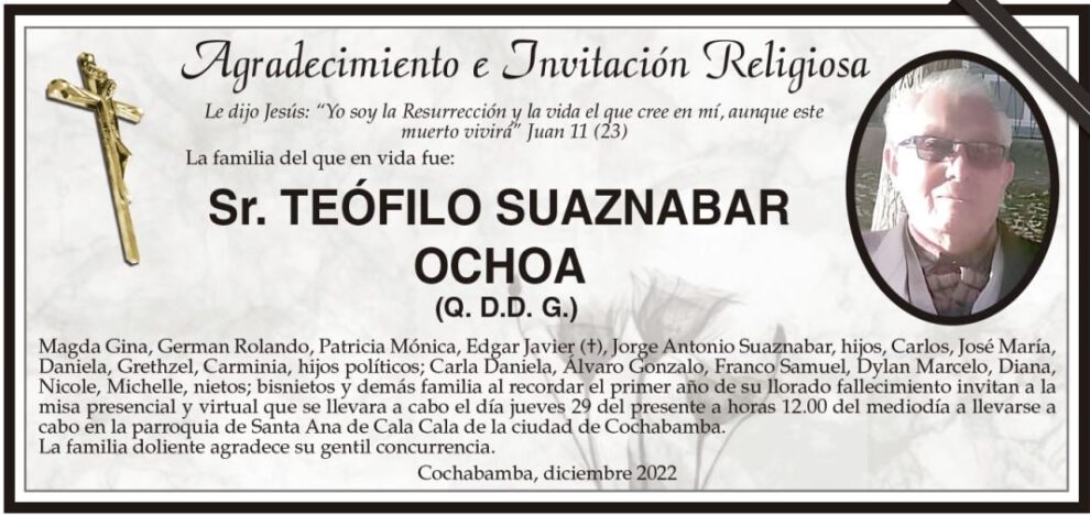 Agradecimiento e Invitación Religiosa por Teófilo Suaznabar Ochoa