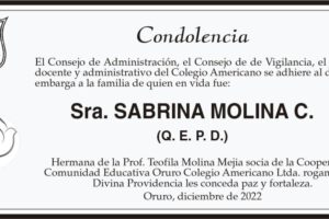 Condolencia por la Sra. Sabrina Molina C. (Q. E. P. D.)