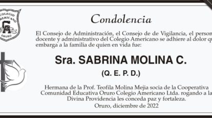 Condolencia por la Sra. Sabrina Molina C. (Q. E. P. D.)