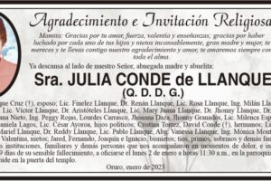 Agradecimiento e Invitación Religiosa por Sra. Julia Conde de Llanque