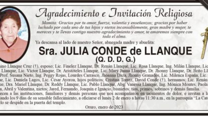 Agradecimiento e Invitación Religiosa por Sra. Julia Conde de Llanque