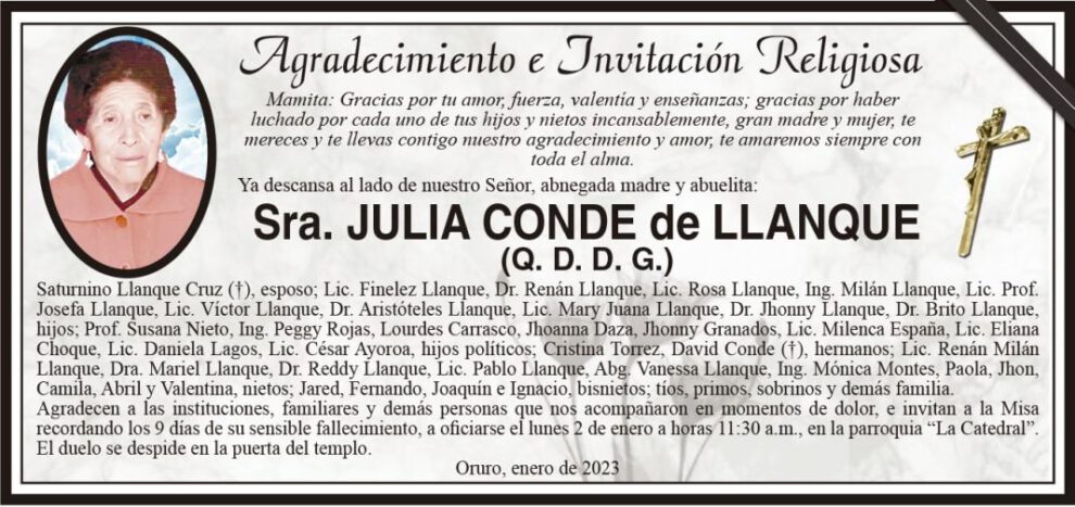 Agradecimiento e Invitación Religiosa por Sra. Julia Conde de Llanque
