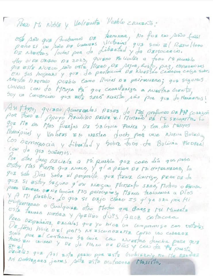 Camacho advierte responsabilidad de Luis Arce en caso de fallecimiento