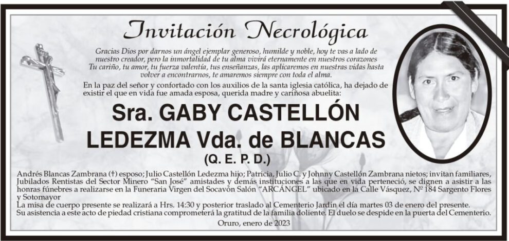 Invitación Necrológica de Gaby Castellón Ledezma