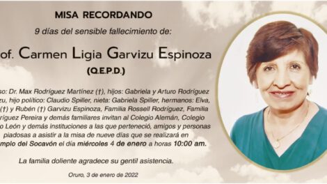 Necrológico de Prof. Carmen Ligia Garvizu Espinoza