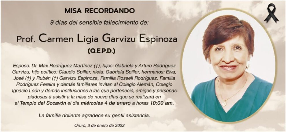 Necrológico de Prof. Carmen Ligia Garvizu Espinoza