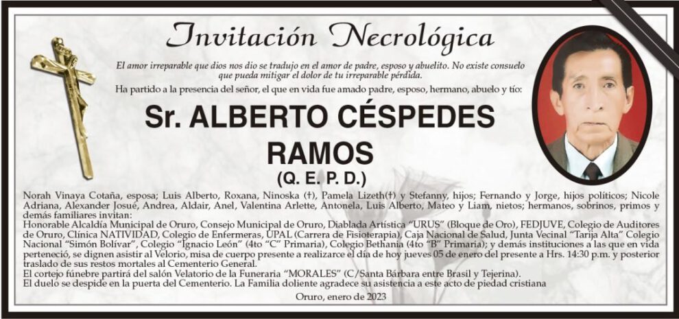 Invitación Necrológica: Sr. Alberto Céspedes Ramos