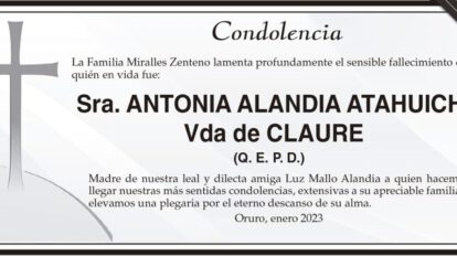 Condolencia por el fallecimiento de Antonia Alandia Atahuichi