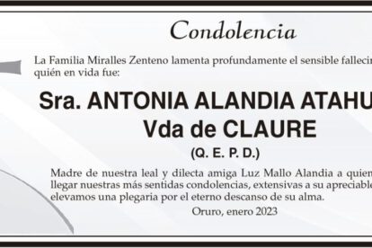 Condolencia por el fallecimiento de Antonia Alandia Atahuichi