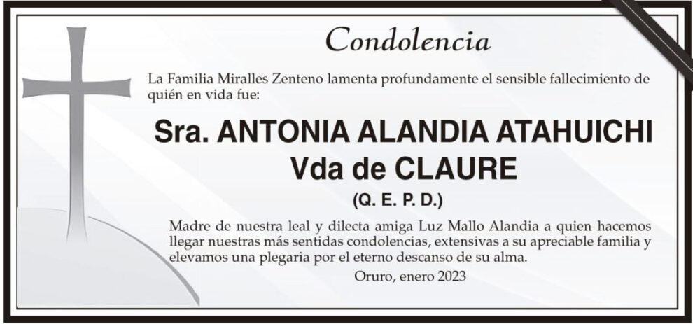 Condolencia por el fallecimiento de Antonia Alandia Atahuichi
