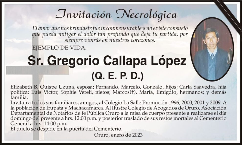 Invitación Necrológica: Sr. Gregorio Callapa López