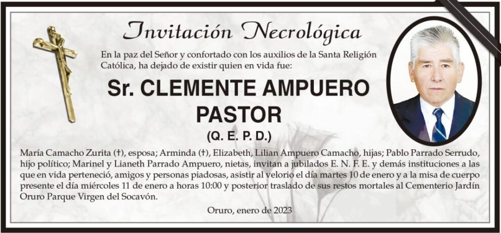 Invitación Necrológica: Sr. Clemente Ampuero Pastor