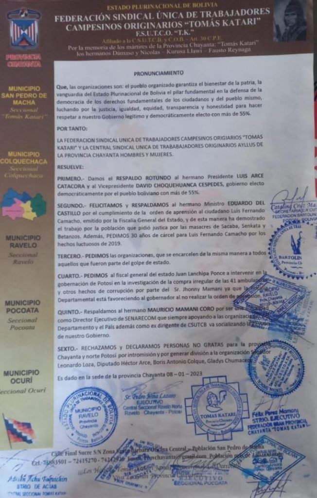 Personas no gratas en Chayanta a los legisladores Loza y Arce