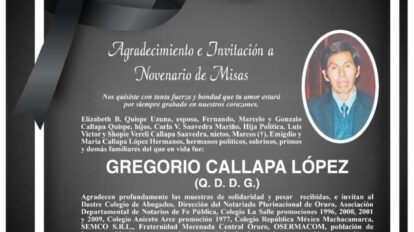 Novenario de misas en memoria del Sr. Gregorio Callapa López