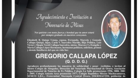 Novenario de misas en memoria del Sr. Gregorio Callapa López