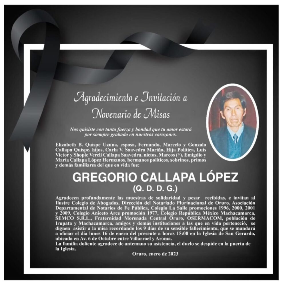 Novenario de misas en memoria del Sr. Gregorio Callapa López